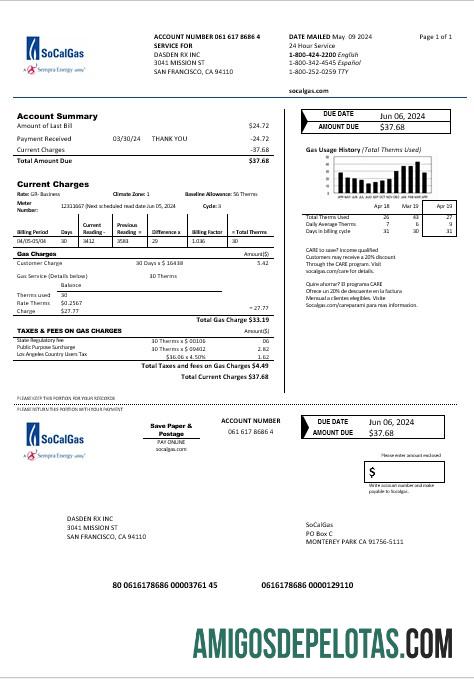 Para baixar modelo de conta de serviços públicos de gás SoCal dos EUA, Califórnia, em formatos Word e PDF